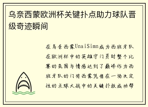 乌奈西蒙欧洲杯关键扑点助力球队晋级奇迹瞬间