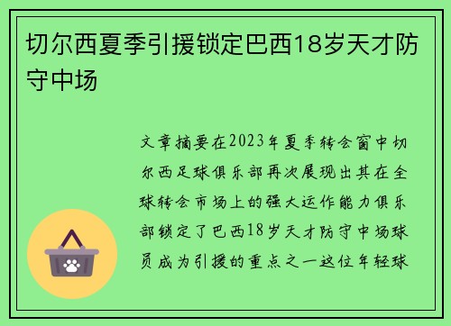 切尔西夏季引援锁定巴西18岁天才防守中场