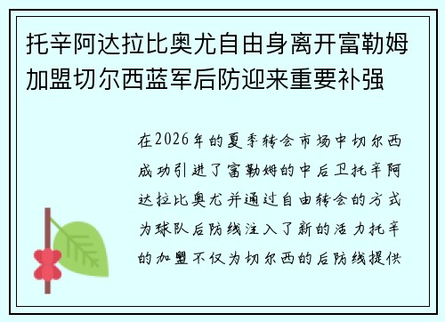 托辛阿达拉比奥尤自由身离开富勒姆加盟切尔西蓝军后防迎来重要补强 托辛阿达拉比奥尤自由身离开富勒姆加盟切尔西蓝军后防迎来重要补强