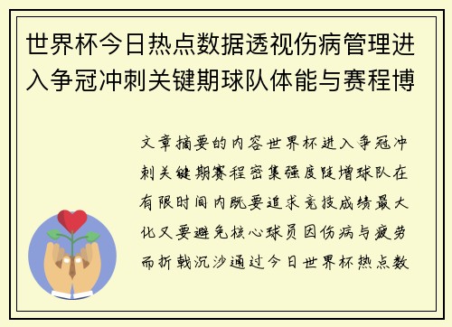 世界杯今日热点数据透视伤病管理进入争冠冲刺关键期球队体能与赛程博弈
