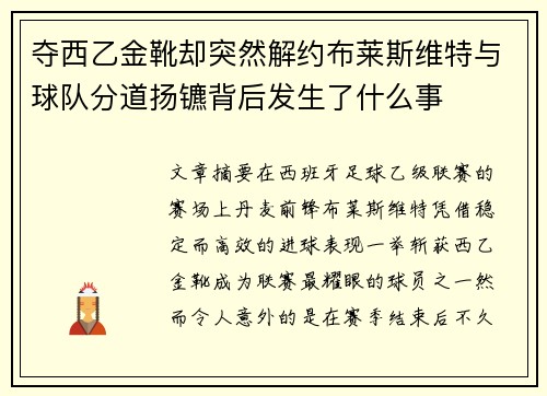 夺西乙金靴却突然解约布莱斯维特与球队分道扬镳背后发生了什么事 夺西乙金靴却突然解约布莱斯维特与球队分道扬镳背后发生了什么事